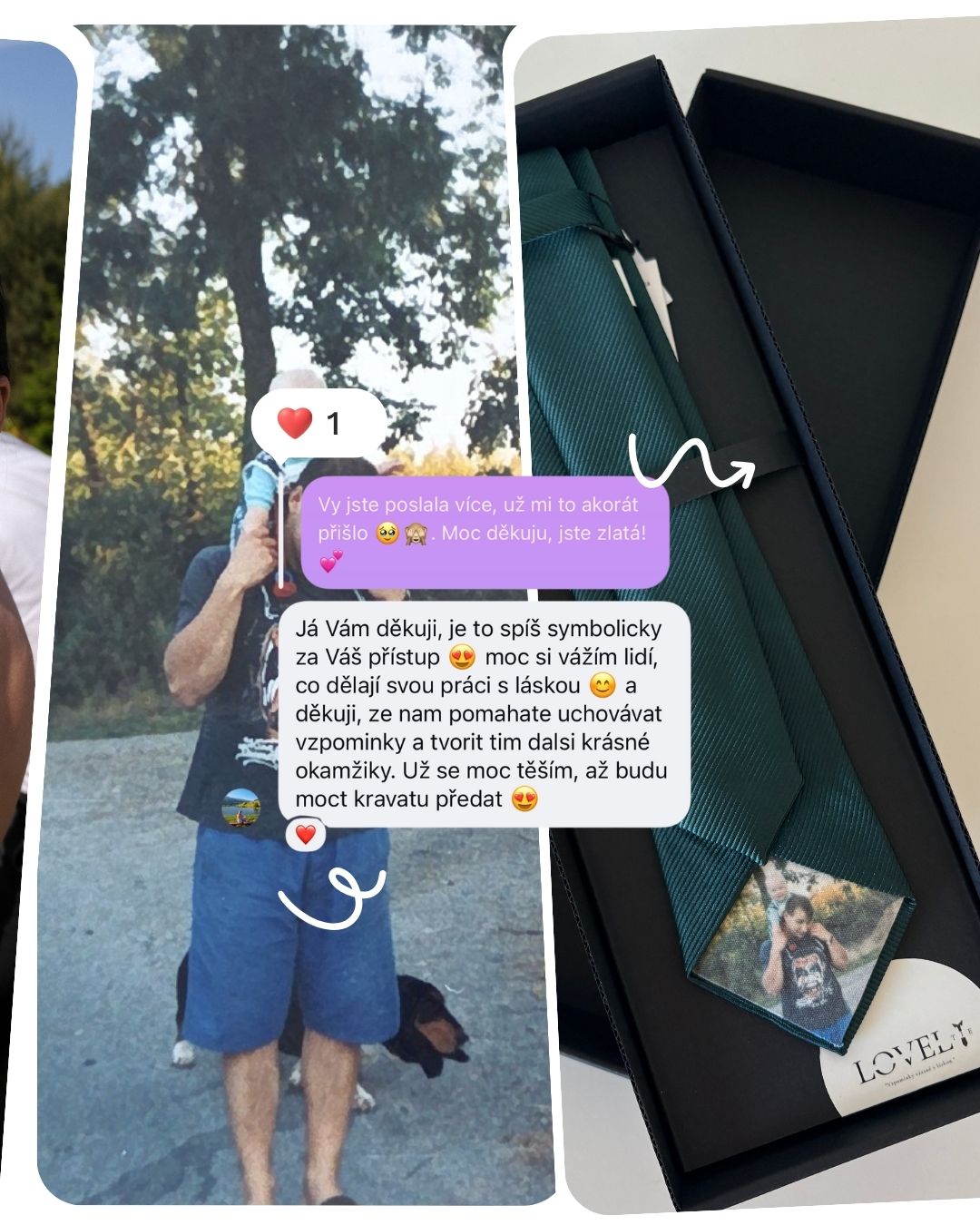 Zelená kravata s fotografií a recenze zákaznice