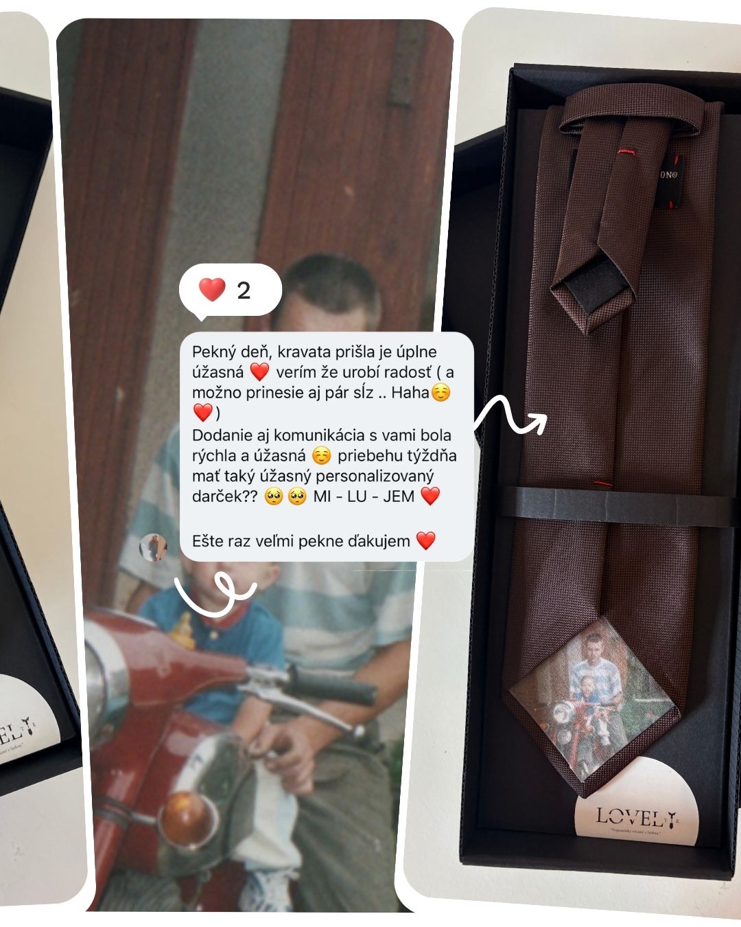 Hnědá kravata s fotografií a recenze zákaznice